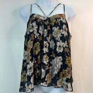 Cisa Floral Print Pleated Cami Top Crisscross Straps Flowy Blouse Size‎ Medium